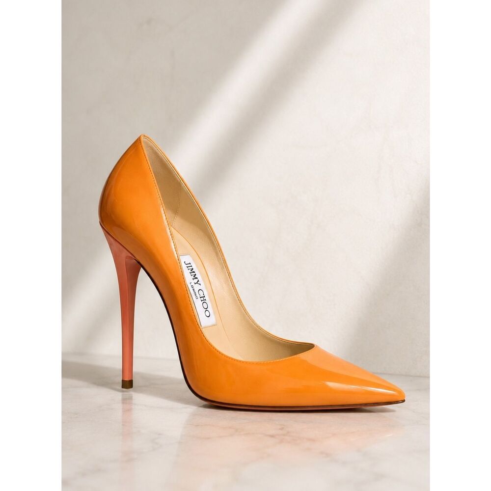 Jimmy Choo Orange Patent Leather Pointed-Toe Pumps with Coral Heel